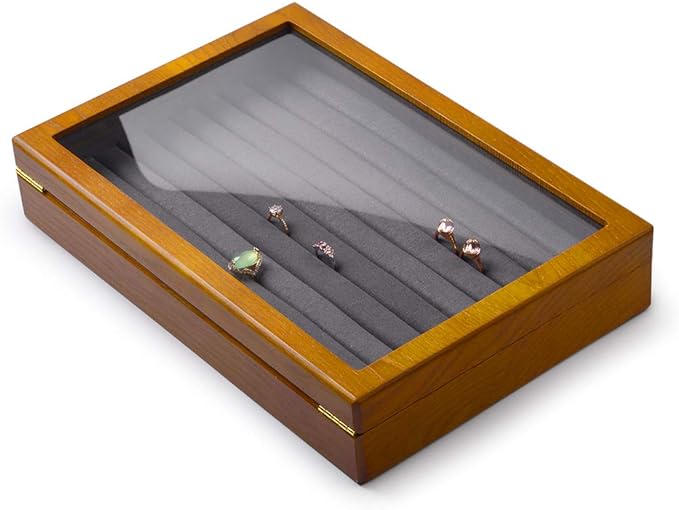 Oirlv Solid Wood Jewelry Display Box Rings Earrings Organizer Case with Acrylic Lid Vintage Gift for Women