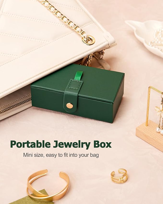 Homde 2 IN 1 Jewelry Box for Women Girls with Small Travel Case Mirror Necklace Ring Earrings Organizer (Forest Green + Gold)