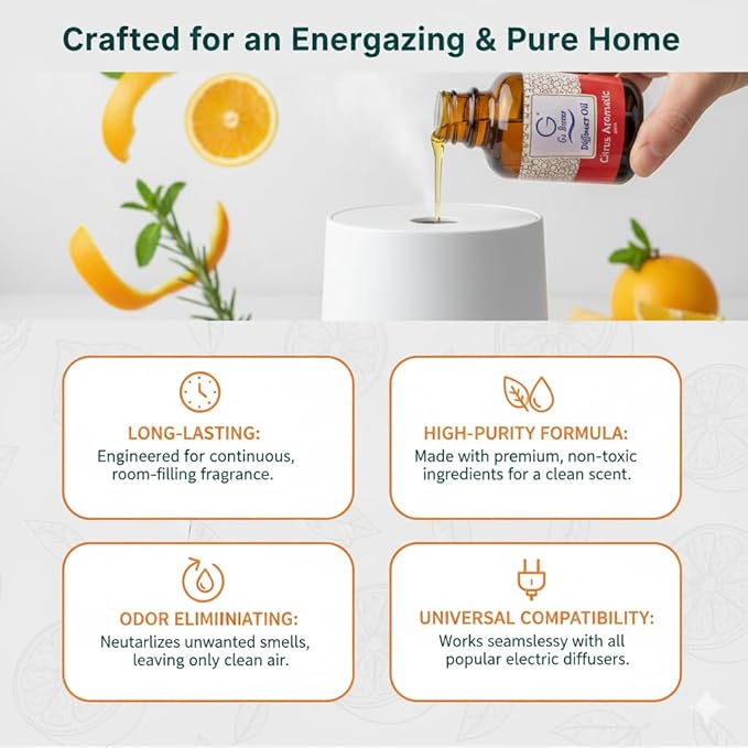G's Breeze Citrus Aromatic Diffuser Oil - Energize and Cheerful Essence - Fruity Scent of Sun-Kissed Citrus Fruits for Vibrant Atmosphere – Ideal for Home & Office – Long-Lasting Aroma - 60 ML
