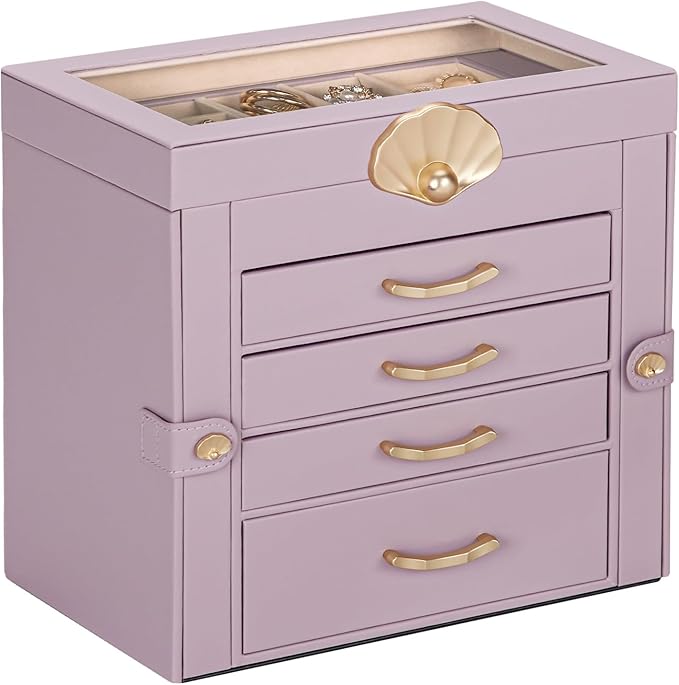 Jewelry Box with 4 Drawers: Display Organizer for Earrings Necklaces - Gifts for Girls Women (Grey Purple)