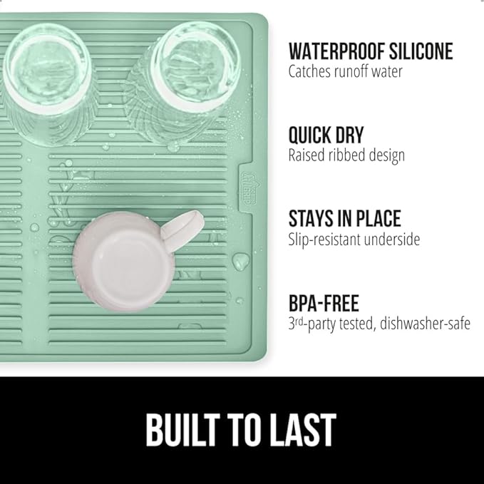 GORILLA GRIP 100% BPA-Free Patented Silicone Dish Drying Mat for Kitchen Counter, 18x16 Inch, Water Catching Ribbed Design, Easy Clean Waterproof Sink Liner, Heat Resistant, Fits Under Rack, Mint