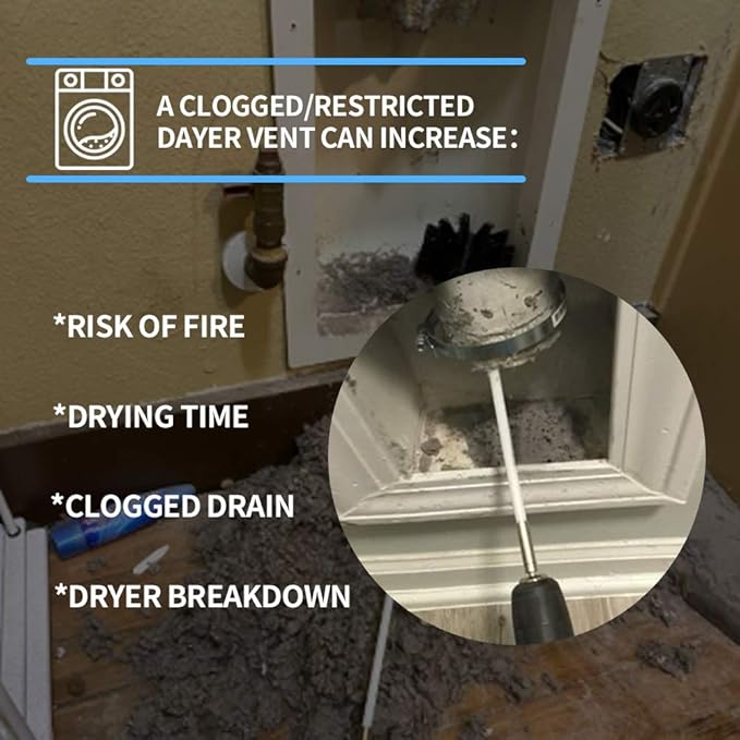 24 Feet Dryer Vent Cleaning Kit - Chrome Button Locking System - Dryer Vent Cleaner Kit With Vacuum Attachment, Nozzle, Hose and Adapter