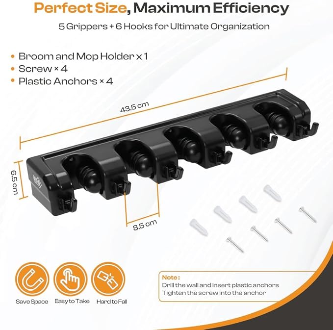 Heavy Duty ABS Plastic Broom Holder with 5 Slots and 6 Hooks | Wall Mount Mop and Broom Hanger | Waterproof Broom Organizer with Screws| Wall Mount Tool Organizer for Garage Storage