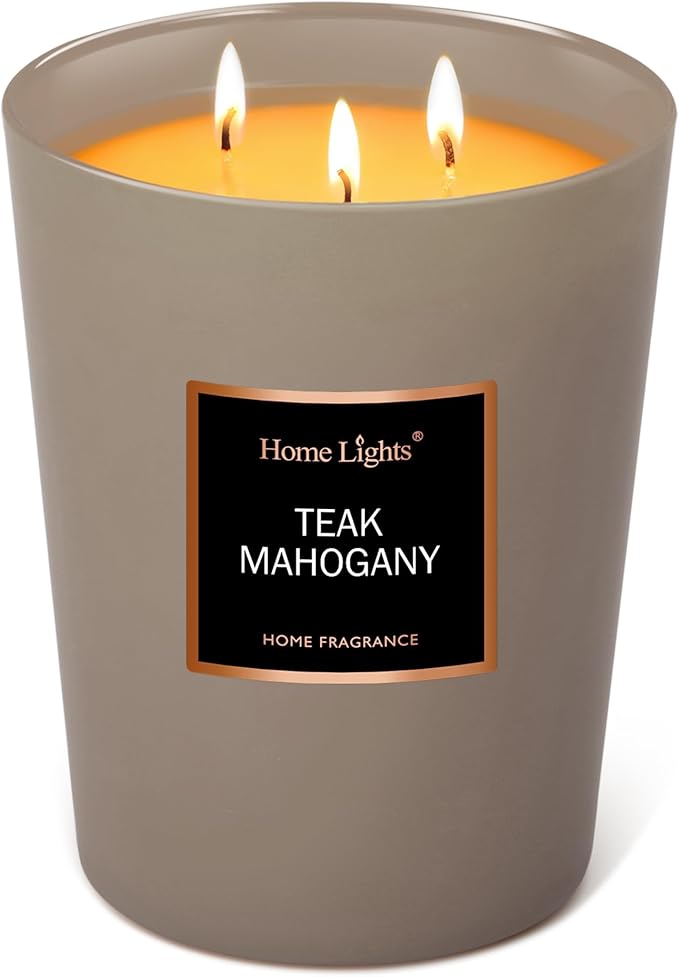 HomeLights Premium Scented Candles - 33.3 oz Natural Soy Wax, Aromatherapy for Home, Long Lasting Smokeless, 130 hrs Burn Time, 3 Cotton Wicks, Gifts for Women & Men - Teak Mahogany