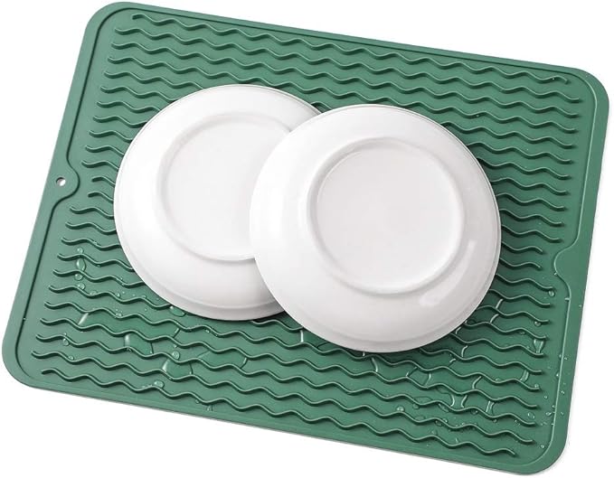 MicoYang Silicone Dish Drying Mat for Multiple Usage,Easy clean,Eco-friendly,Heat-resistant Silicone Mat for Kitchen Counter or Sink,Refrigerator or drawer liner Green L 16 inches x 12 inches