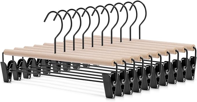 Nature Smile Beech Wooden Pants Skirt Hanger for Jeans Bottom Trousers with 2-Adjustable Black Matt Clips and Hook 10 Pack (Natural Wood+Black Metal)