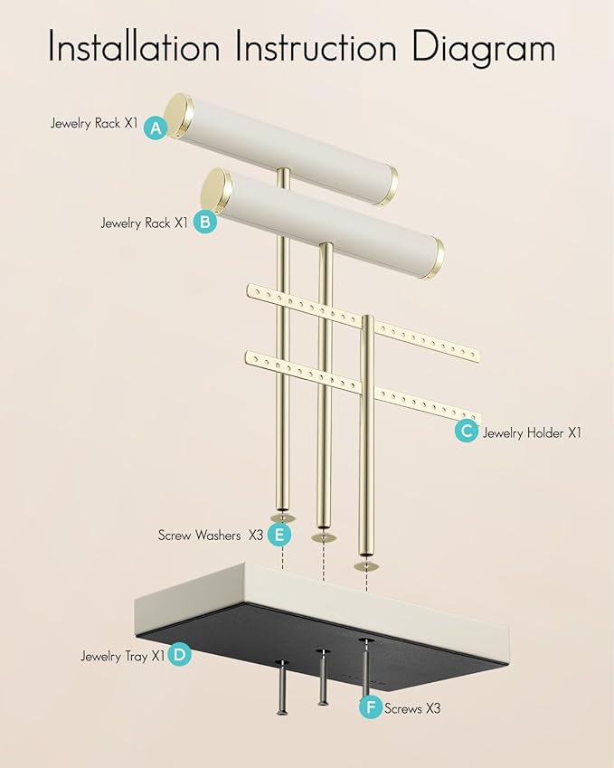 Vlando 3 Tier Necklace Holder Organizer with Tray, Leather Bracelet Holder Display for Women, Gold Jewelry Stand for Bracelet, Necklace, Earrings, Rings - Cloud White