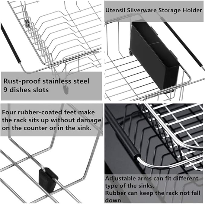 SANNO Dish Drying Rack, Large Dish Rack Adjustable Deep Dish Drainer with Removable Silverware Holder, Deep Large Dish Rack in Sink On Counter, Expandable Arms, Stainless Steel
