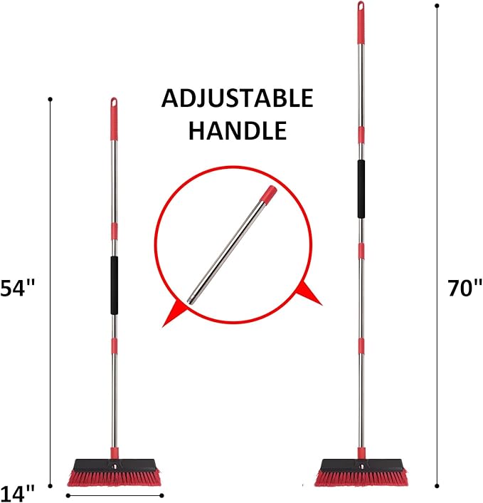 14” Push Broom with 70” Adjustable Handle - Heavy Duty Outdoor Broom for Shop, Garage, Patio, Driveway, Yard, Deck Cleaning