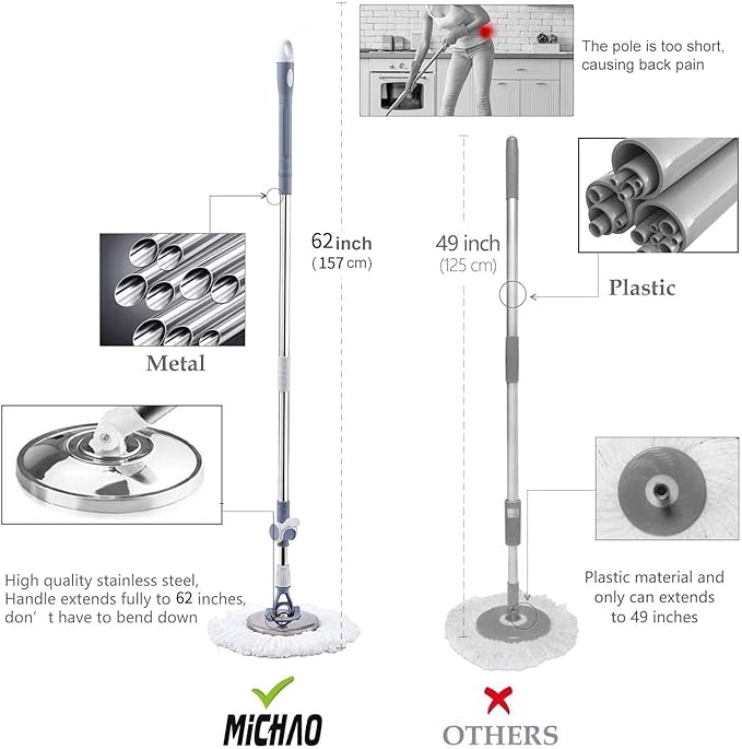 Michao Spin Mop Bucket Deluxe 360 Spinning Floor Cleaning System with 6 Microfiber Replacement Head Refills,62" Extended Handle,4X Wheel for Home Cleaning