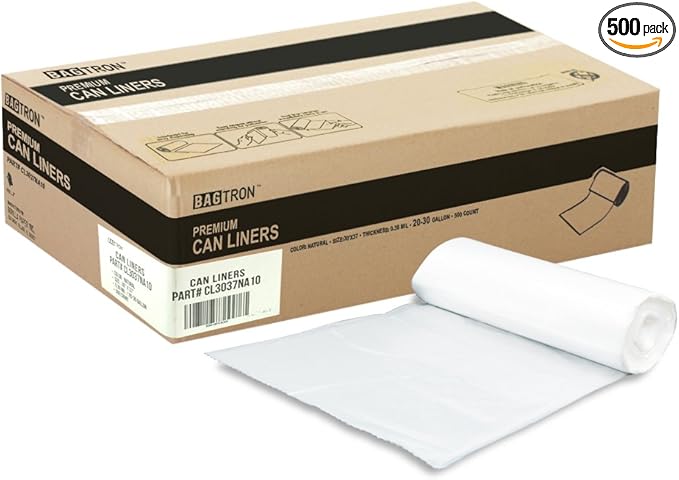 Bagtron 20-30 Gallon Trash Bags, 10 Micron High Density Garbage Can Liners Bulk, 30" x 37", Natural Clear, 500 Count