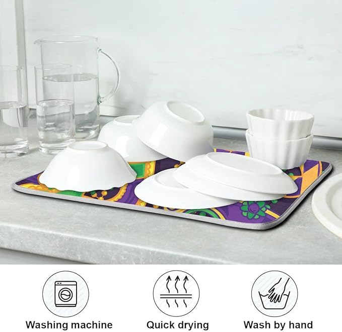 Mardi Gras Dish Drying Mat for Kitchen Mask Beads Confetti Masquerade Party Microfiber Drying Mats Absorbent Reversible Dish Pad Large Dish Draining Mat 18x24 inch