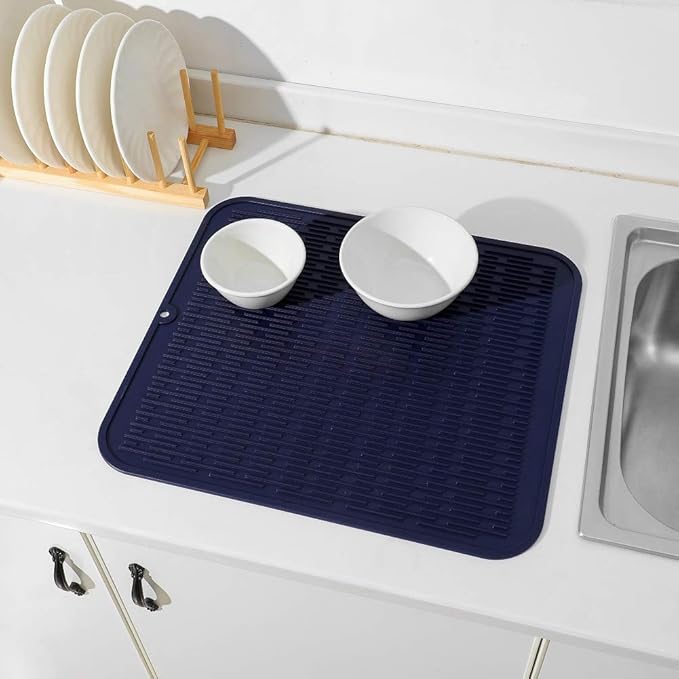 MicoYang Silicone Dish Drying Mat for Multiple Usage,Easy clean,Eco-friendly,Heat-resistant Silicone Mat for Kitchen Counter or Sink,Refrigerator or Drawer Liner Navy Blue 2XL 24 inches x 18 inches