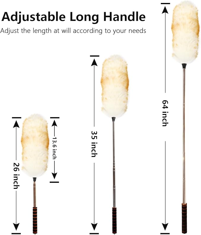 iHUFeather Lambs Wool Extendable Household Cleaning Duster 64" Wall Duster Cleaner with Stainless Steel Long Handle and Extension Pole for Cleaning High Ceiling Fan Interior Roof, Yellow&White