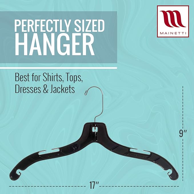 Mainetti 5400 Black Plastic Hangers - 20 Pack with 360 Swivel Metal Hook and Notches for Straps, Great for Shirts/Tops/Dresses/Jackets, 17-Inch
