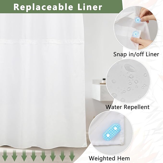 TQUQOBU Tropical Leaves Shower Curtains for Bathroom, Waterproof Double Layers Fabric No Hook Shower Curtain with Liner, Green Palm Monstera Leaf Botanical Jungle Decor Bath Curtains, 71x74 Inch