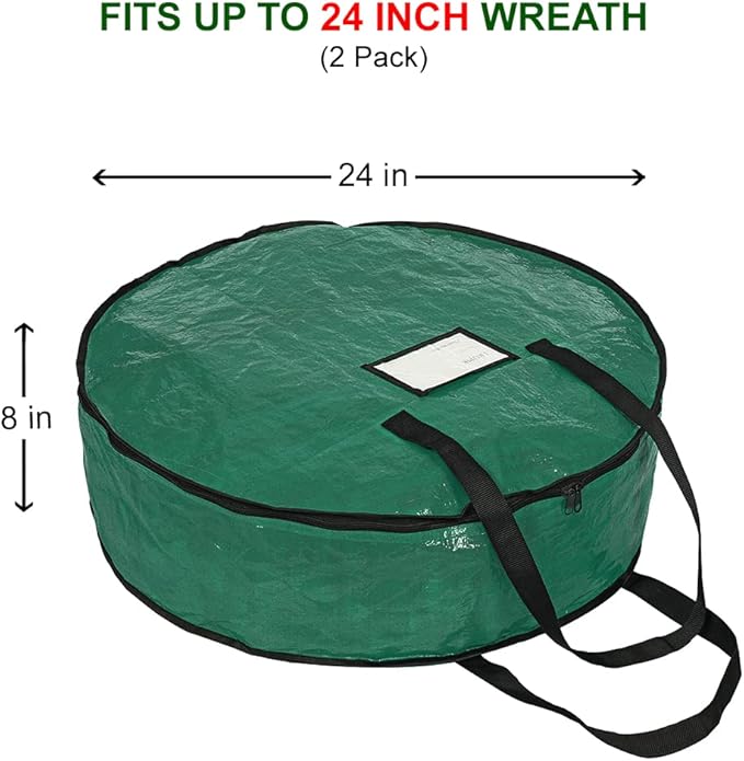 ProPik Christmas Wreath Storage Bag 24" - Garland Holiday Container with Tear Resistant Material - Featuring Heavy Duty Handles and Transparent Card Slot - 2 Pack (24 Inch, Green)