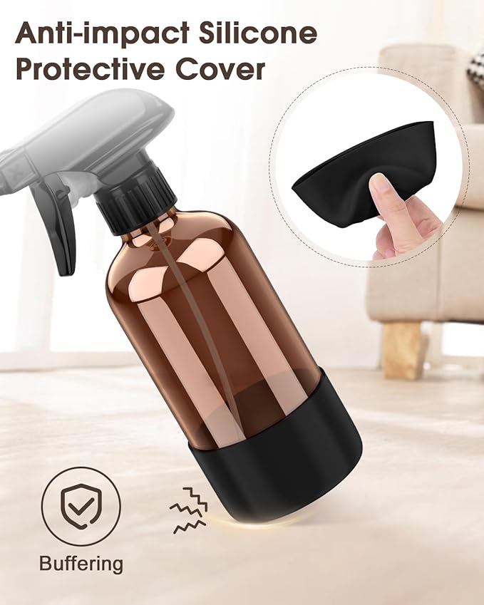 Bontip Glass Spray Bottle with Silicone Sleeve Protection, Amber Glass Spray Bottle Set for Window Cleaner Aromatherapy Facial Hydration Watering Flowers Hair Care 2 Pack/8 oz (Black)