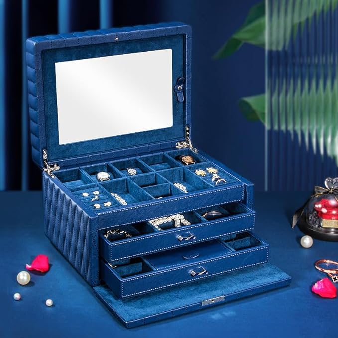 Genuine Leather Jewelry Box – 3 Layer Large Jewelry Organizer with Mirror, Lockable Jewelry Box for Women – Necklace, Ring, Earring Organizer with Drawer - Valentine's Day Gifts(Blue)