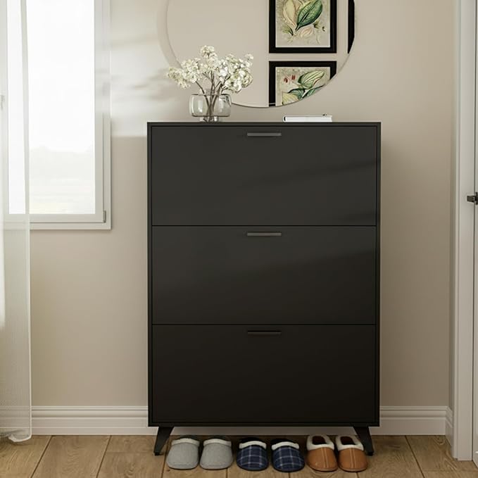 Black Shoe Storage Cabinet - Fit up to Size 16, 3 Flip Drawers, Wooden Organizer for Entryway, Closet, Living Room