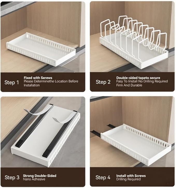WOSHEN Pots and Pans Organizer Under Cabinet, Pull-out Pots and Pans Organizer, Under Cabinet Pot Lid Holder, Sliding type Pots and Pans Storage with 8 Adjustable Dividers for Kitchen