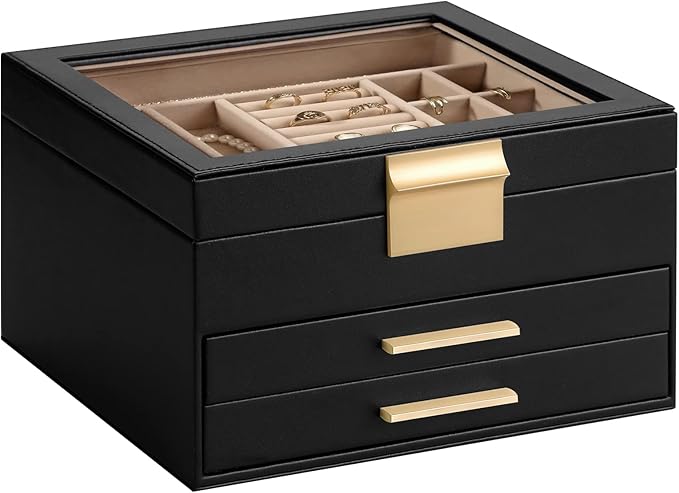 Jewelry Box Organizer for Women,3 Layers Jewelry Storage Display Box with Glass Lid,Gift for Christmas,3 Drawers,Large Capacity for Necklace Earrings Bracelets Rings,Black