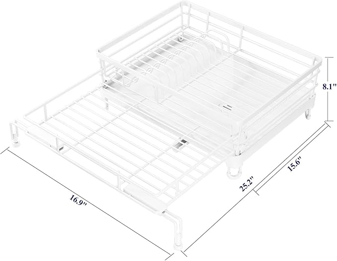 Kitsure Extendable Dish Drying Rack - Rust-Resistant Dish Racks for Kitchen Counter with Adjustable Support Legs, Cutlery Holder & Removable Draining Tray (White, 15.6''-25.2''L × 16.9''W × 8.1''H)
