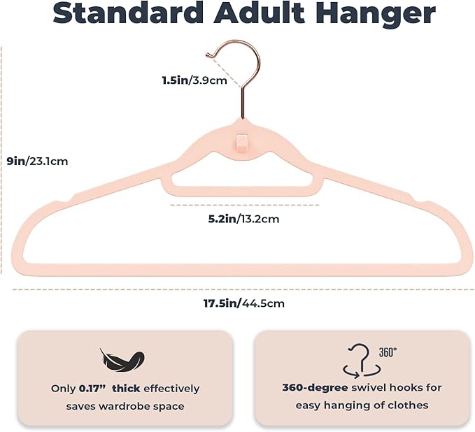 Limogoo Pink Velvet Hangers 50 Pack, Felt Covered Non Slip Fabric with Stackable Cascading Hook, Ultra Thin and Space Saving with 360° Swivel Neck, 15Lbs Capacity for Clothes, Suit, Shirt, Coat