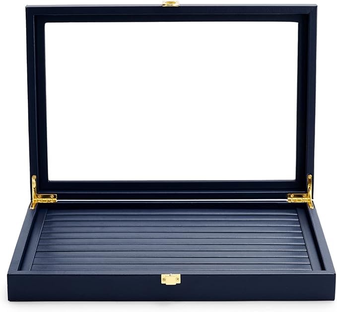 Oirlv Premium Blue Leather Rings Earrings Organizer Tray with Clear Lid Jewelry Display Box with Acrylic Lid Stackable Jewelry Box Drawer Inserts