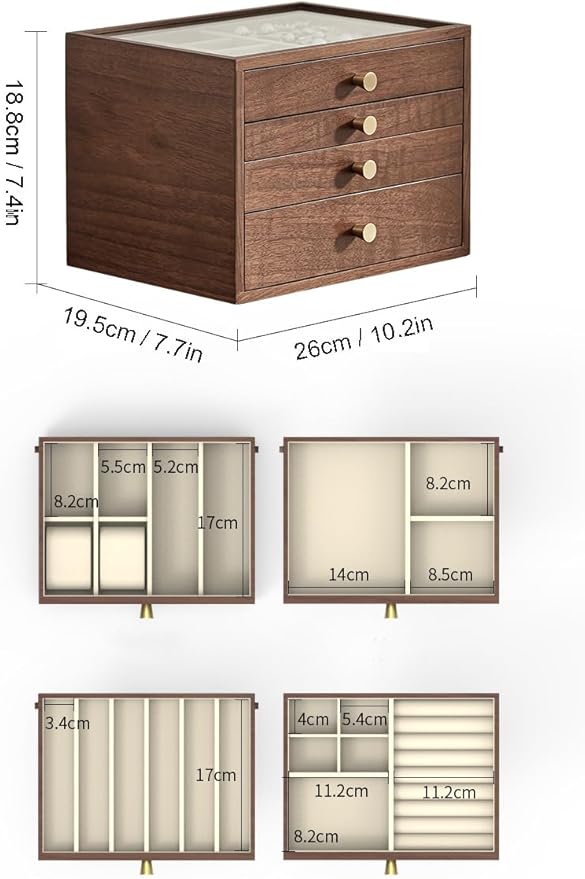 Homruilink Black Walnut Wooden Jewelry Box for Women large 4 Layer Drawer Organizer Box with Glass Lid for Necklaces, Watch, Necklace, Ring, Earring Storage - Valentine's Day Gifts