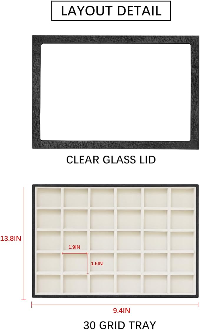 Wudygirl Jewelry Organizer 30 Grid Jewelry Tray with Lid Earring Holder Organizer for Women Ring Earring Bracelet Holder Storage (Pu Black Beige)