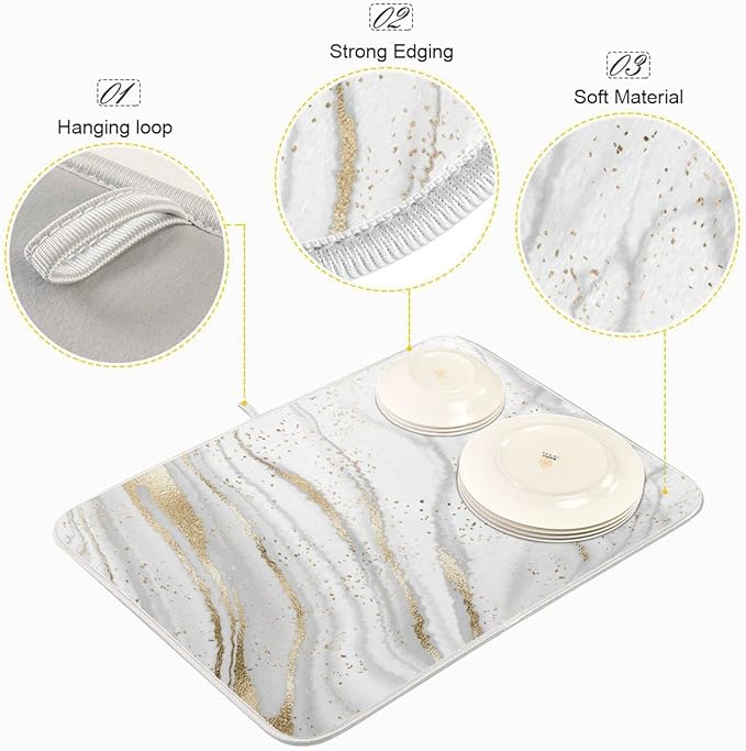 Marble Dish Drying Mat for Kitchen Counter White Golden Marble Gary Grey Drying Mats Super Absorbent Reversible Microfiber Kitchen Countertop Protector Dishes Pad Medium 16x18 inch