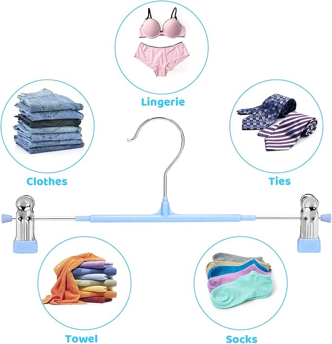 POZEAN Pants Hangers with Clips 50Pack, 12Inch Adjustable Skirt Hangers for Women, Space Saving Non-Slip Hangers for Shorts, Jeans, Coat, Kids' Clothes (Blue, 50Pack)