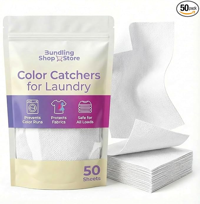 Color Catchers for Laundry- Pack of 50 White Laundry Sheets, Color Absorbent Paper for Mixed Washing, Non Abrasive Fabric Care, Thin & Soft Washing Machine Accessories