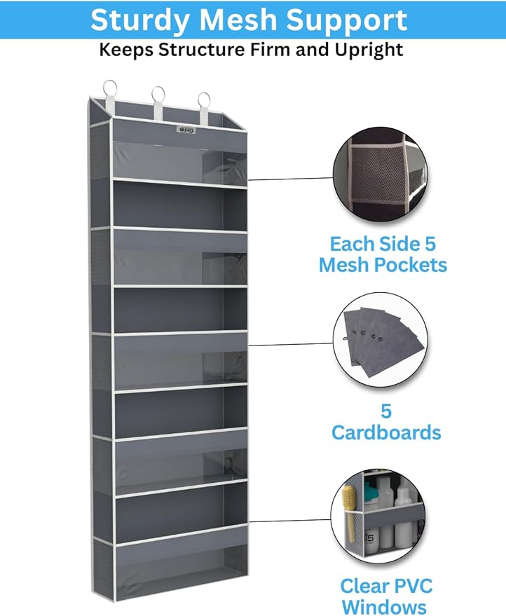 BRENIX Over the Door Organizer with 5 Large Pockets & 10 Mesh Side Pockets – Durable Hanging Storage for Closet, Bathroom, Bedroom, and Nursery– Space Saving Door Storage with Sturdy Metal Hooks.