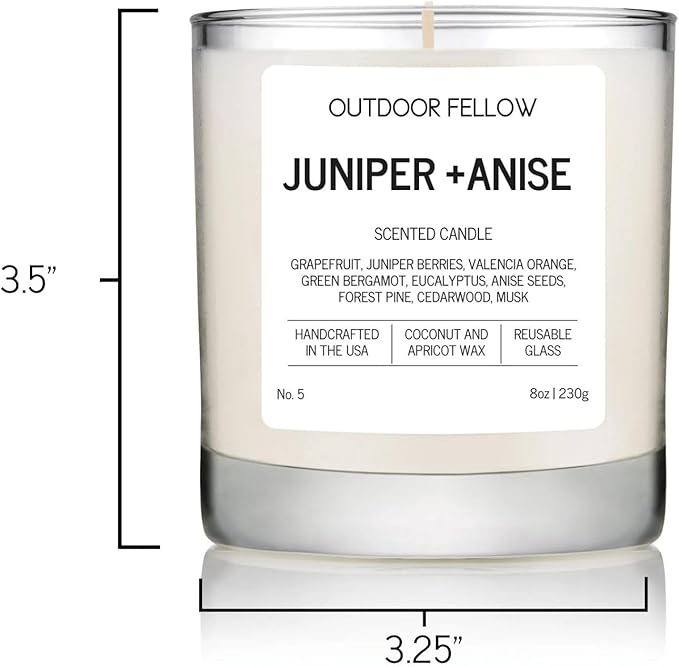 Outdoor Fellow Juniper + Anise Scented Candle, 8oz, Coconut & Apricot Wax Blend, Juniper Berry, Zesty Grapefruit, Citrus Peel, Reusable Glass, 40-50 Hour Burn Time