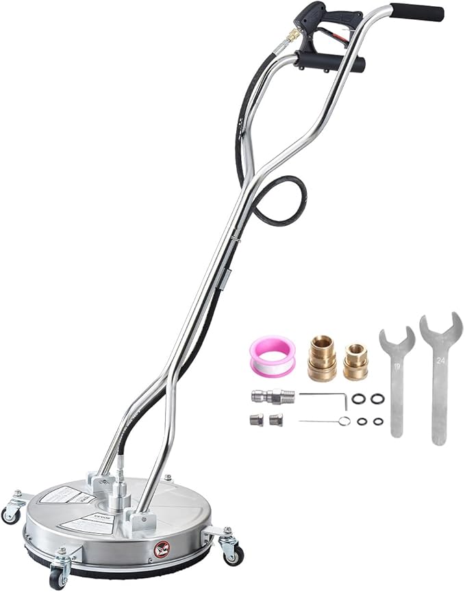VEVOR 18" Pressure Washer Surface Cleaner, Stainless Steel Pressure Washer Attachments with 4 Wheels, 4000 Max PSI, 3/8 Quick Connector, 2 Spray Nozzles, Dual Handle, for Concrete, Patio, Sidewalk