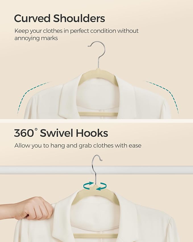 SONGMICS Velvet Hangers 100 Pack, Non-Slip Clothes Hangers with Shoulder Notches, Pants Bar, 360° Swivel Hook, Space-Saving, for Closet, Summer Sand UCRF029K100