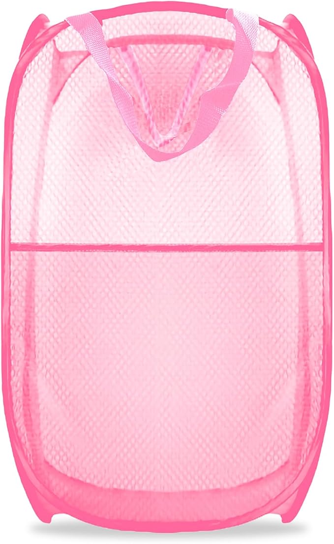 Buyongwant Collapsible Pop Up Laundry Hamper, Extra Large Mesh Foldable Laundry Basket, 28" x 16" x 16"(Pink)