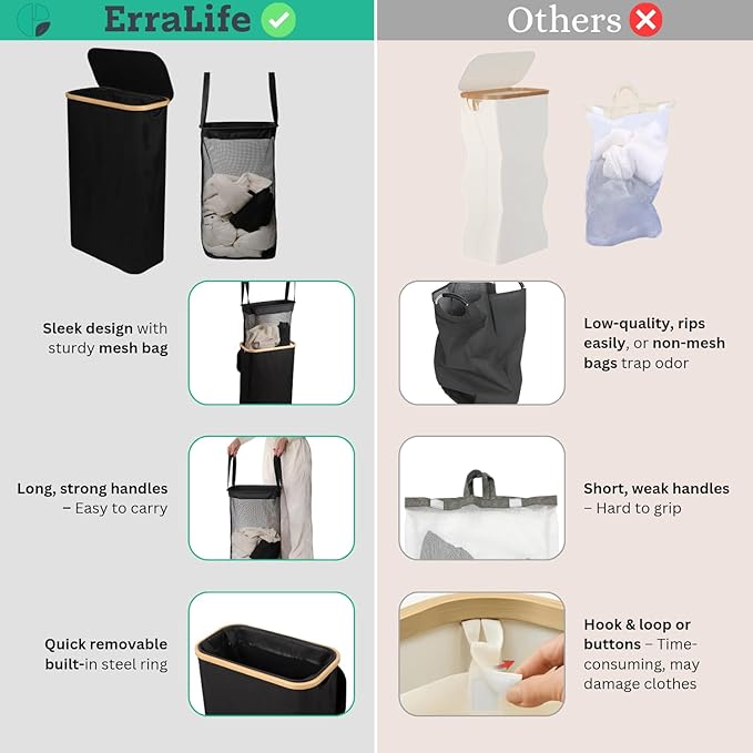 ErraLife Slim Laundry Hamper with Lid, 60L Capacity, Bamboo Handles, and Steel Ring Removable Inner Bag - Collapsible Clothes Basket Laundry Organizer for Bedroom, Bathroom, Dorm, Black