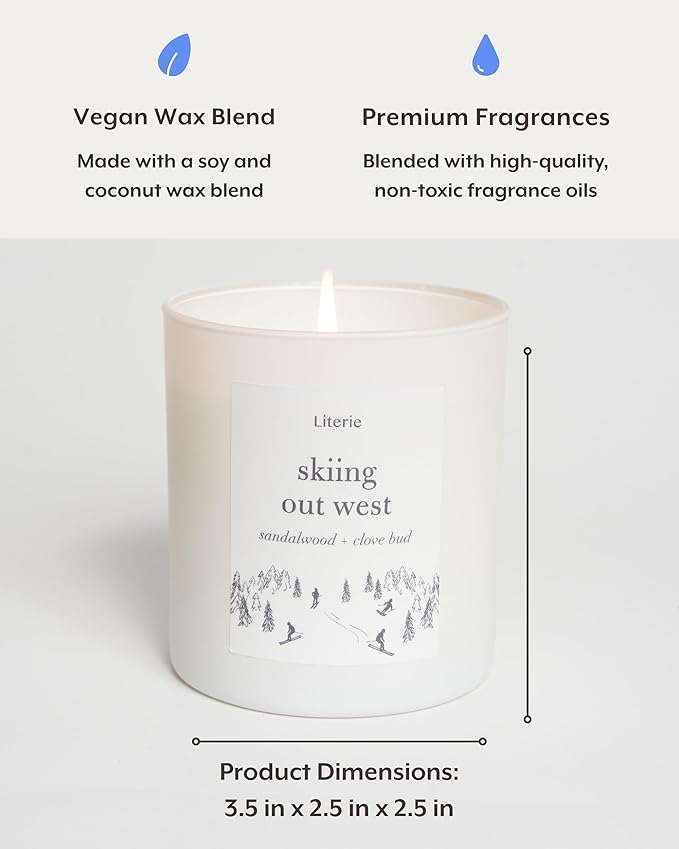 Literie NYC Inspired Scented Candle: Skiing Out West - Sandalwood & Clove Bud Scent, 9oz, 50 Hour Burn, Vegan Soy & Coconut Blend Candle for Home Decor, Gift for Women & Men