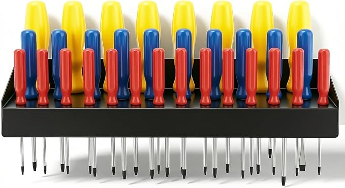 kenaeooe 30 Pcs Screwdriver Organizer, Heavy Duty Black Metal Wall Mount Storage Rack with 32 Holes for Tools, Hand Tool Holder for Garage, Workshop, Home and Shed, 16.57 Inch