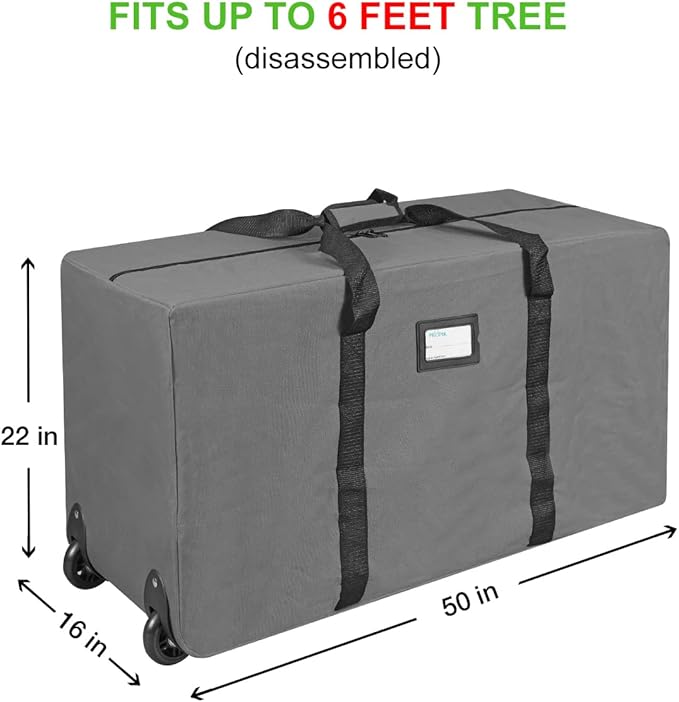 ProPik Rolling Christmas Tree Storage Bag, Fits Up to 7.5 Ft. Tall Disassembled Holiday Tree, 22" x 16" x 50", Large Heavy Duty Xmas Storage Container with 2 Wheels & Handles, 600D Oxford (Gray)