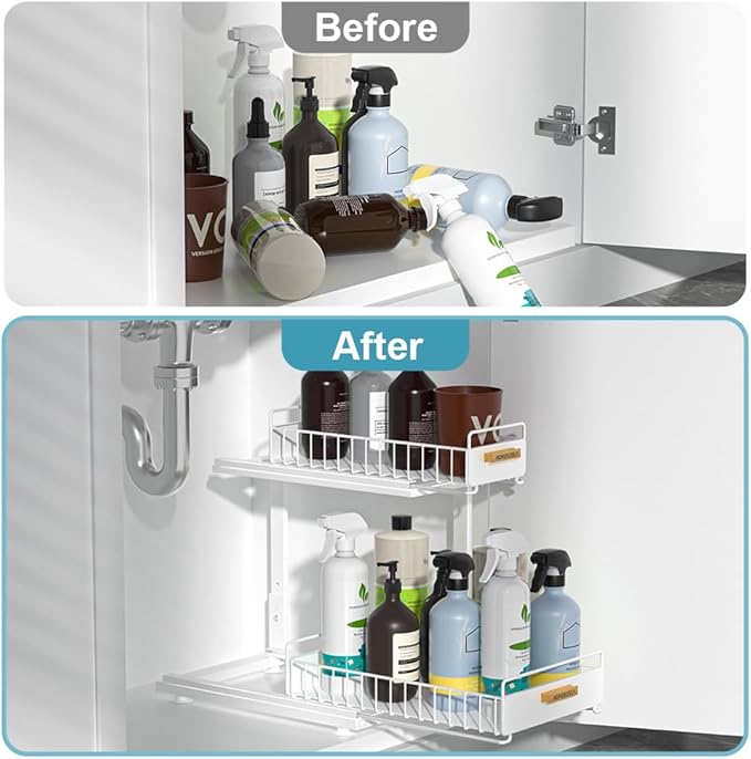 HOMEBOSILY Under Sink Organizer Kitchen, Pull Out Cabinet Organizer 2 Tier Slide Out Sink Shelf Cabinet Storage Shelves, Under Sink Storage for Kitchen Bathroom Cabinet, White, 1 Pack