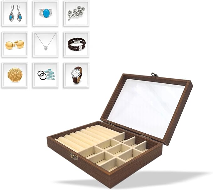 CT SUN Small Wooden Jewelry Organizer Box Case, Vintage Style Display Case with HD Glass Lid, Velvet Lining, for Women Rings Earrings Bracelets Brooches, Compact Size Jewelry Box for traveling