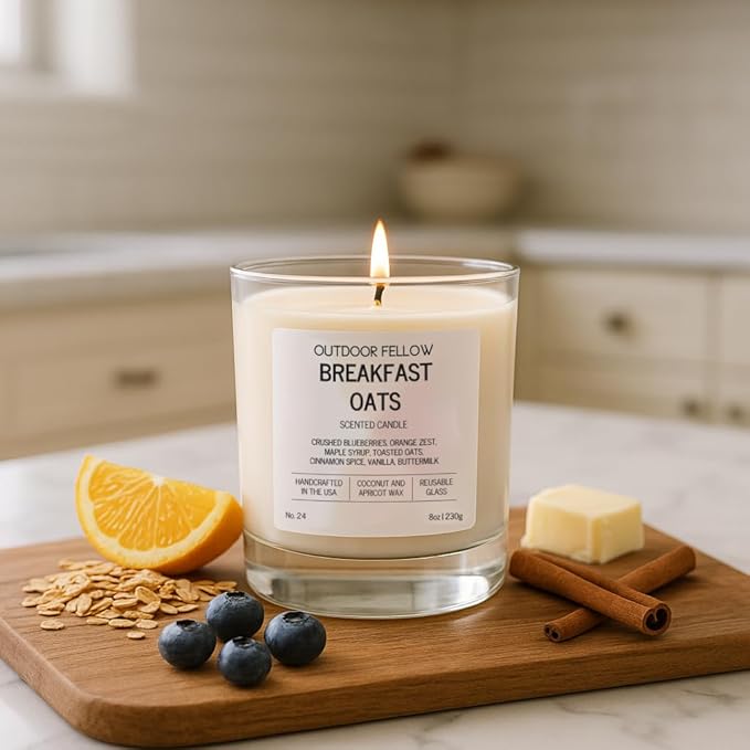 Outdoor Fellow Breakfast Oats Scented Candle – Vanilla, Maple & Cinnamon – Non Toxic Coconut Apricot Wax – Reusable Jar Candle – 8oz Fall Candle for Home