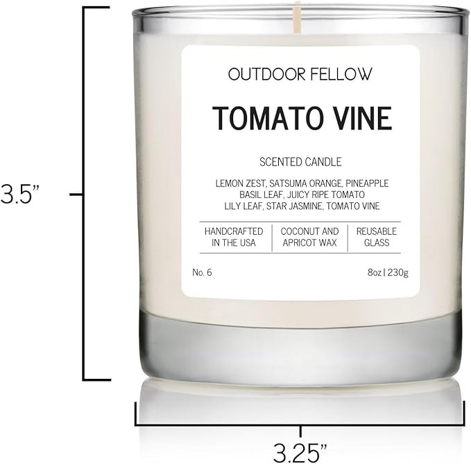 Outdoor Fellow Tomato Vine Scented Candle – 8oz Coconut Wax Blend – Strong Scent Throw – Inspired by Backyard Tomato Plants – Luxury Tomato Leaf Candle in Reusable Glass Jar