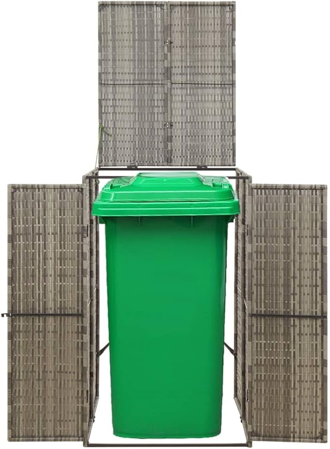 Single Wheelie Bin Shed Garbage Can Storage Shed, PE Trash Container Management Unit, Outdoor Patio Recycling Dustbin Trash Shed, Gray 27.6"x31.5"x46.1" Poly Rattan