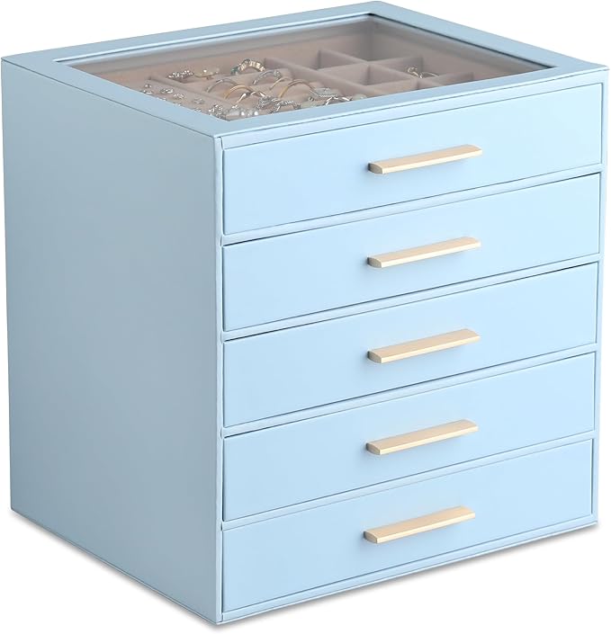 Frebeauty Clear Lid Jewelry Box,5-Layer Jewelry Organizer with Drawer,PU Leather Jewelry Organizers and Storage,Jewelry Boxes for Women,Jewelry Storage for Rings Earring Stud,Gift for Women(Sky Blue)