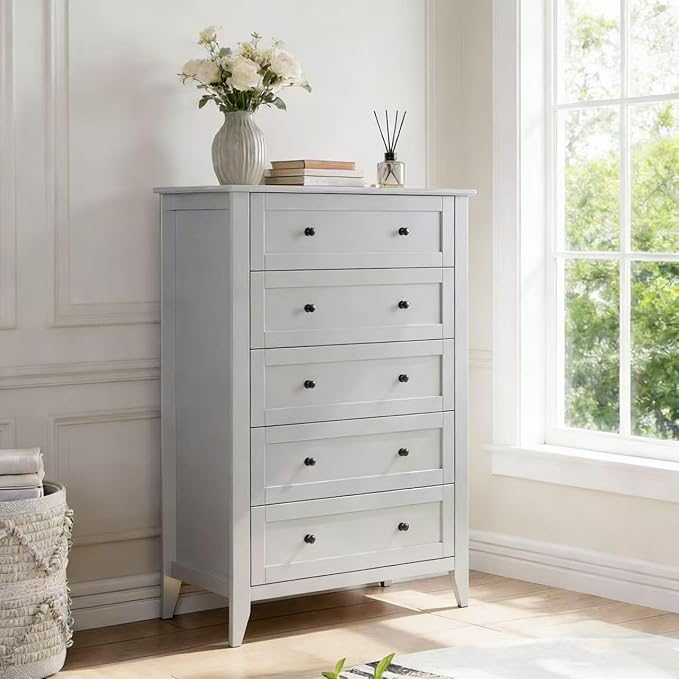 Modern 5 Drawers Dresser for Bedroom, Tall Wood Chest of Drawers for Clothes, Big Storage Dressers Organizer with Gold Handles & Deep Drawers, Living Room, Closet, Hallway, Grey